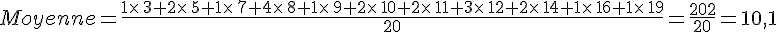 Moyenne=\frac{1\times  \,3+2\times  \,5+1\times  \,7+4\times  \,8+1\times  \,9+2\times  \,10+2\times  \,11+3\times  \,12+2\times  \,14+1\times  \,16+1\times  \,19}{20}=\frac{202}{20}=10,1