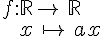 f:\mathbb{R}\to\,\mathbb{R}\\\,\,\,\,\,\,\,x\,\mapsto  \,ax