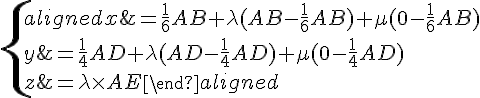 \{\begin{aligned}x=\frac{1}{6}AB+\lambda(AB-\frac{1}{6}AB)+\mu(0-\frac{1}{6}AB)\y=\frac{1}{4}AD+\lambda(AD-\frac{1}{4}AD)+\mu(0-\frac{1}{4}AD)\z=\lambda\times~AE\end{aligned}
