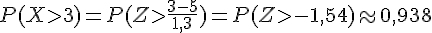 P(Xgt;3)=P(Zgt;\frac{3-5}{1,3})=P(Zgt;-1,54)\approx0,938