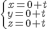 \begin{cases}x=0+t\y=0+t\z=0+t\end{cases}