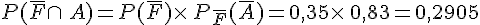 P(\overline{F}\cap\,A)=P(\overline{F})\times  \,P_{\overline{F}}(\overline{A})=0,35\times  \,0,83=0,2905