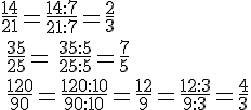 \frac{14}{21}=\frac{14:7}{21:7}=\frac{2}{3}\\\\\,\frac{35}{25}=\,\frac{35:5}{25:5}=\frac{7}{5}\\\\\,\frac{120}{90}=\frac{120:10}{90:10}=\frac{12}{9}=\frac{12:3}{9:3}=\frac{4}{3}
