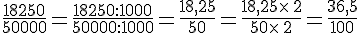 \frac{18250}{50000}=\frac{18250:1000}{50000:1000}=\frac{18,25}{50}=\frac{18,25\times  \,2}{50\times  \,2}=\frac{36,5}{100}