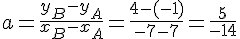 a=\frac{y_B-y_A}{x_B-x_A}=\frac{4-(-1)}{-7-7}=\frac{5}{-14}
