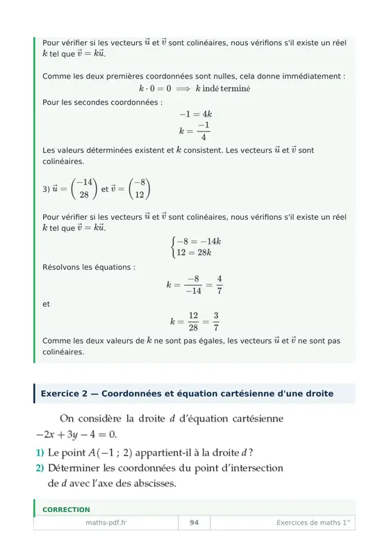 Un exercice et sa correction du cahier d'exercices corrigés de maths 1re