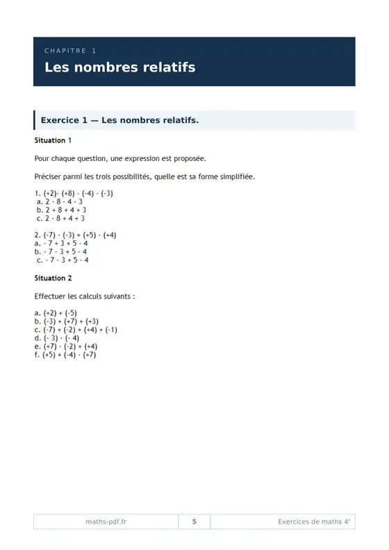 Le premier chapitre du cahier d'exercices corrigés de maths 4e
