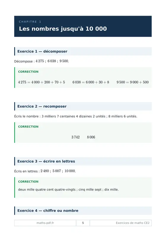 Le premier chapitre du cahier d'exercices corrigés de maths CE2