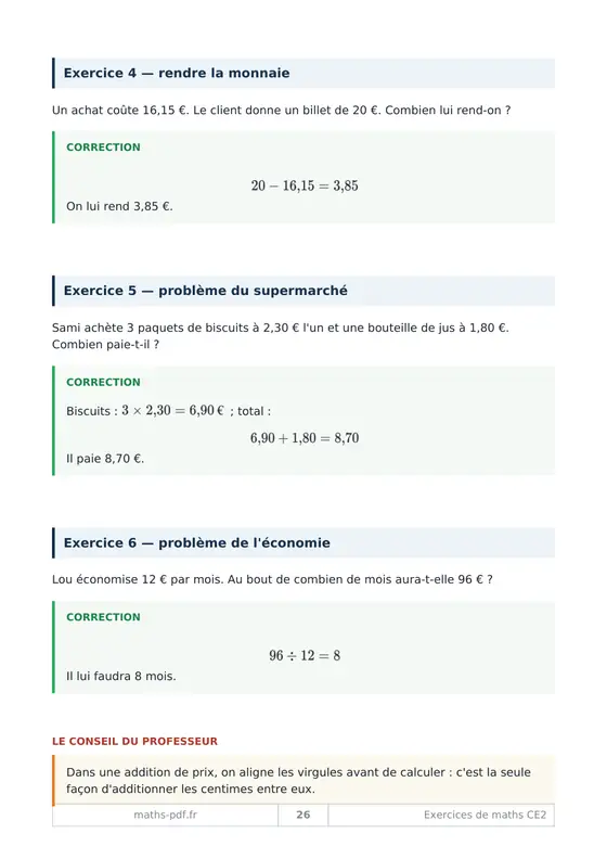 Un exercice et sa correction du cahier d'exercices corrigés de maths CE2