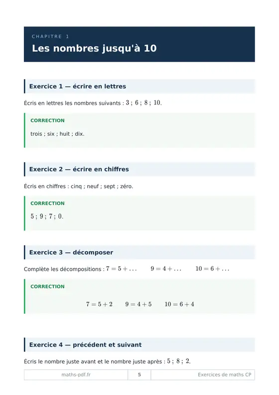 Le premier chapitre du cahier d'exercices corrigés de maths CP