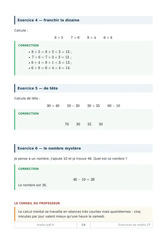 Un exercice et sa correction du cahier d'exercices corrigés de maths CP