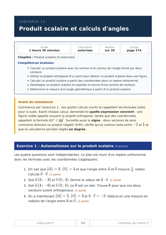 Première page du contrôle 13 de 1re sur le produit scalaire : durée, calculatrice, compétences évaluées et exercice d'automatismes