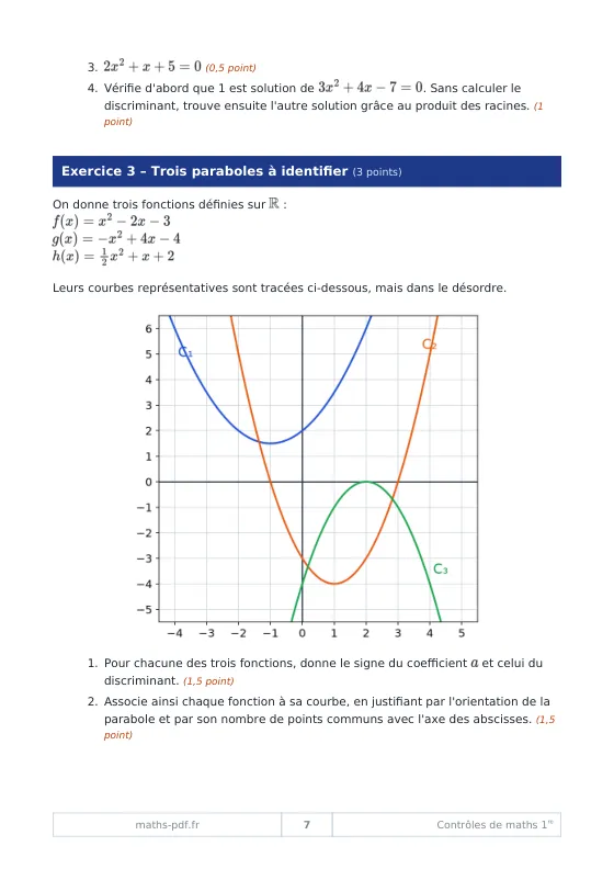 Page du contrôle 1 de 1re sur le second degré avec trois paraboles tracées dans un repère à identifier
