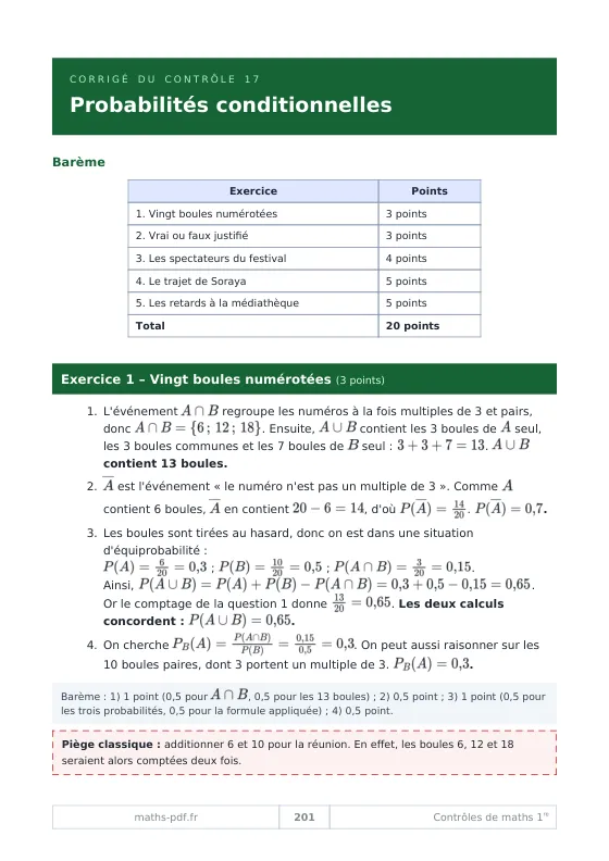 Corrigé du contrôle 17 de 1re sur les probabilités conditionnelles avec tableau du barème et piège classique
