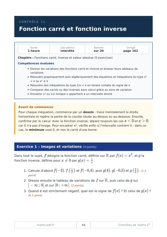Première page d'un contrôle de seconde sur la fonction carré et la fonction inverse, avec durée, calculatrice, barème et compétences évaluées