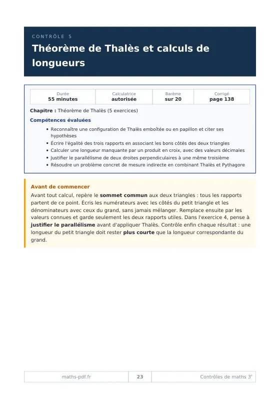 Première page du contrôle 5 de 3e sur le théorème de Thalès : durée, calculatrice, barème et compétences évaluées