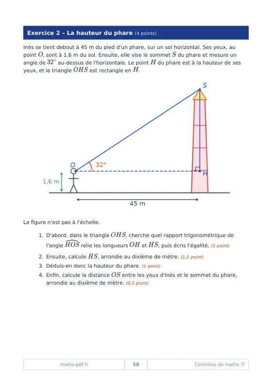 Exercice de trigonométrie de 3e sur la hauteur d'un phare, avec figure codée et angle de 32°