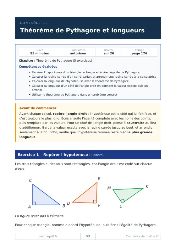 Première page du contrôle 13 de 4e sur le théorème de Pythagore : durée, calculatrice, compétences évaluées et premier exercice