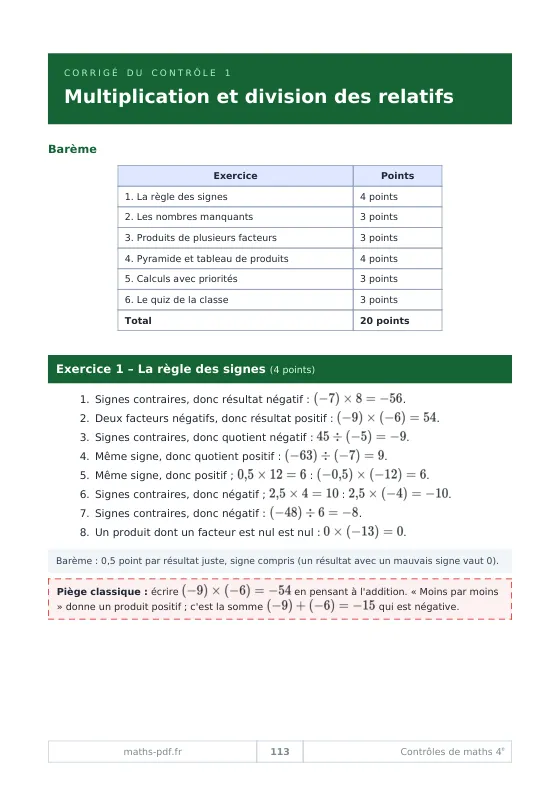 Corrigé du contrôle 1 de 4e sur les nombres relatifs : tableau du barème, solutions rédigées et piège classique
