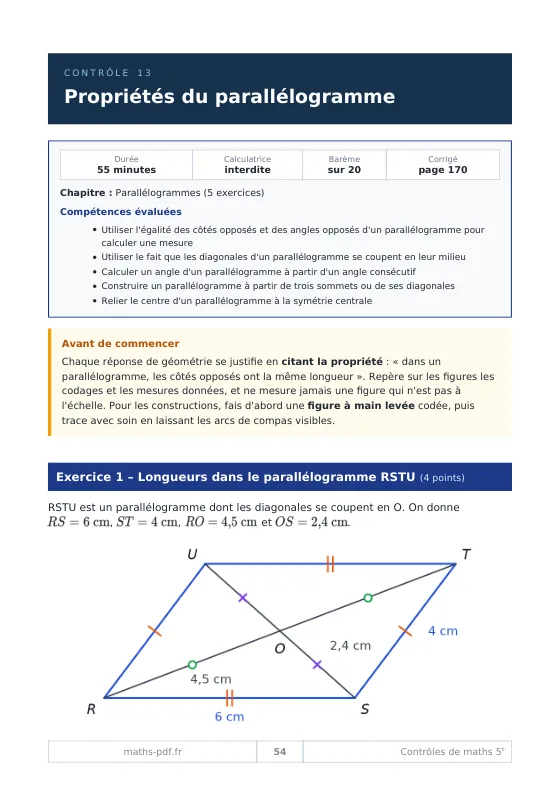 Première page du contrôle 13 de 5e sur les propriétés du parallélogramme, avec durée, barème et compétences évaluées