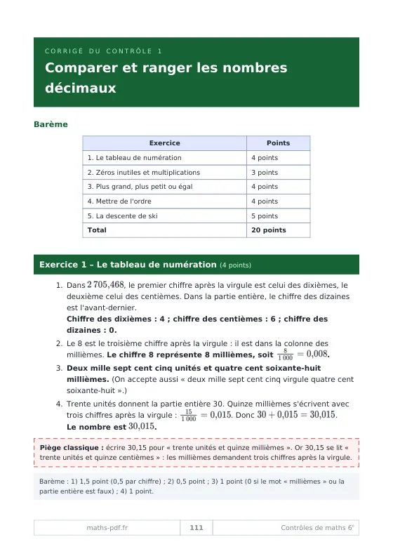 Corrigé du contrôle 1 de 6e avec le tableau de barème sur 20, la solution rédigée et un piège classique