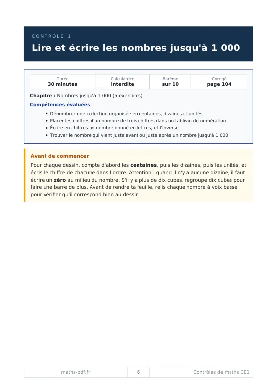 Première page du contrôle 1 de CE1 : lire et écrire les nombres jusqu'à 1 000, durée 30 minutes, compétences évaluées