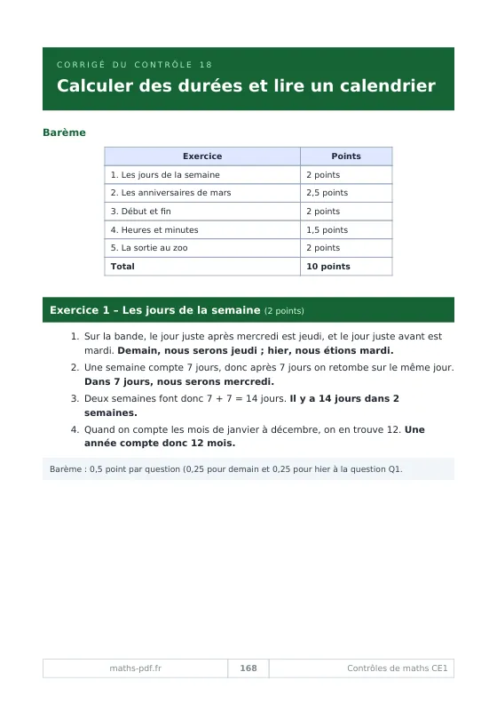 Corrigé CE1 du contrôle 18 sur les durées et le calendrier, avec le tableau du barème