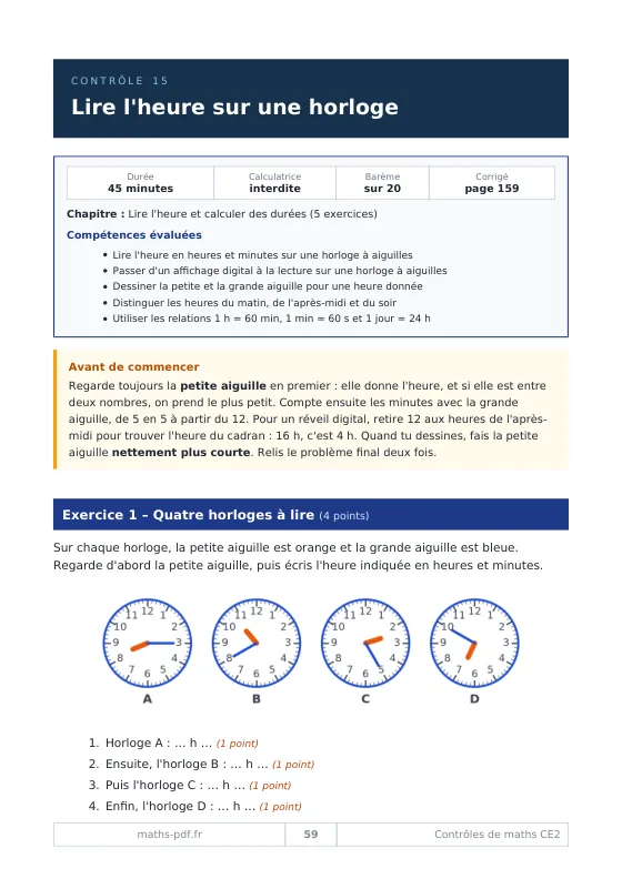 Première page du contrôle 15 de CE2 « Lire l'heure sur une horloge » : durée, calculatrice interdite, barème sur 20, compétences et quatre horloges à lire
