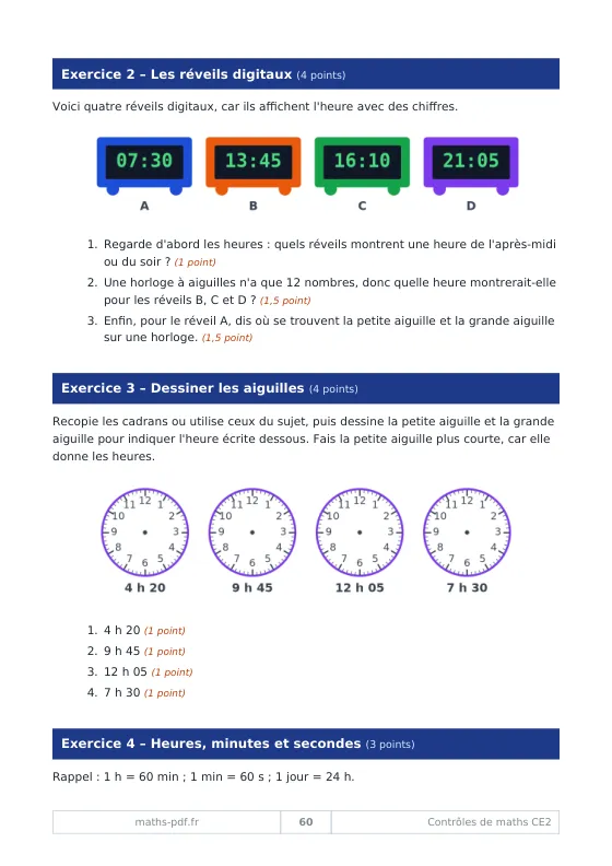 Page d'un contrôle de CE2 avec quatre réveils digitaux et quatre cadrans d'horloge où dessiner les aiguilles