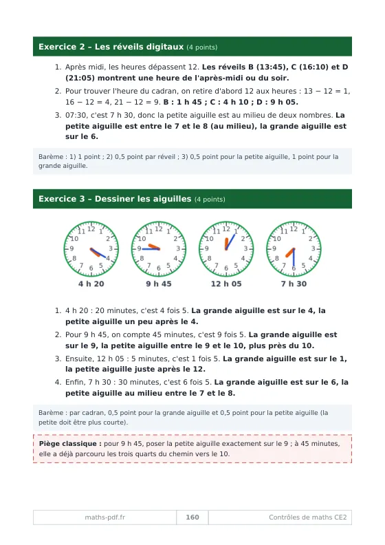 Page de corrigé d'un contrôle de CE2 sur l'heure : solutions rédigées, horloges corrigées, barème détaillé et piège classique