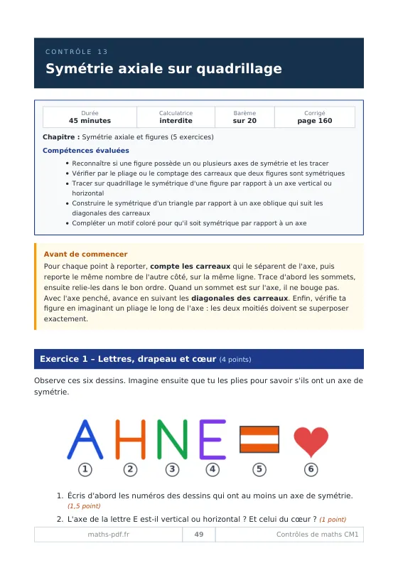 Première page du contrôle 13 de CM1 sur la symétrie axiale : durée, barème, compétences évaluées et exercice sur les axes de symétrie