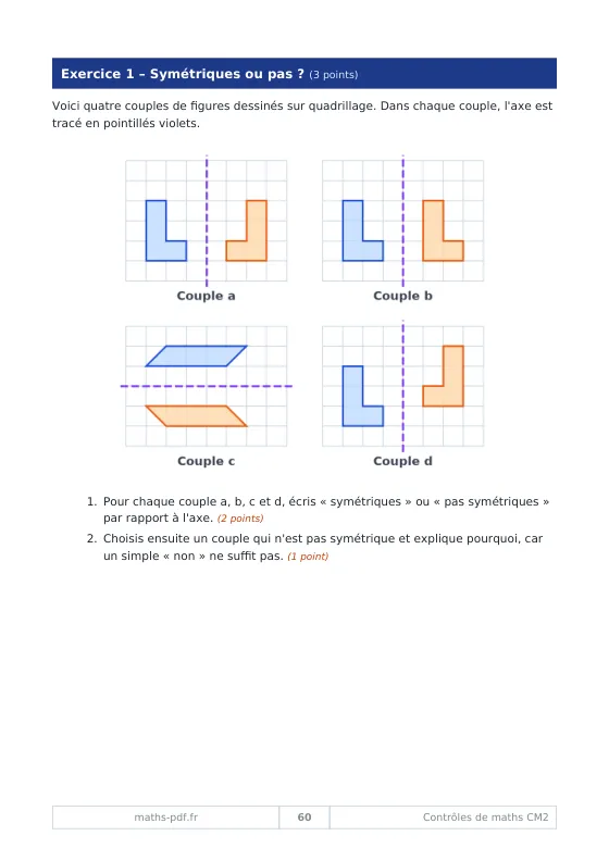 Exercice de symétrie axiale de CM2 : quatre couples de figures sur quadrillage à comparer
