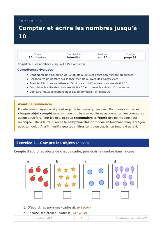 Première page du contrôle 1 de CP : compter et écrire les nombres jusqu'à 10, avec durée, barème et compétences évaluées