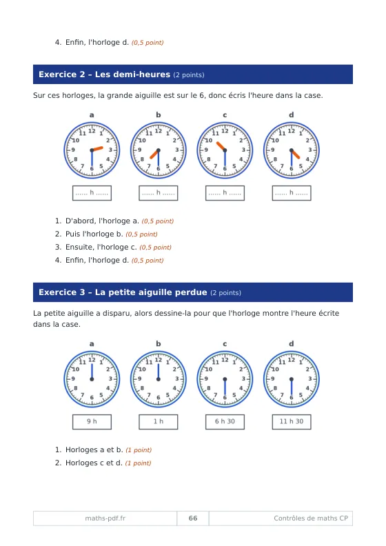 Page du contrôle de CP sur l'heure : horloges à aiguilles à lire et petite aiguille à dessiner