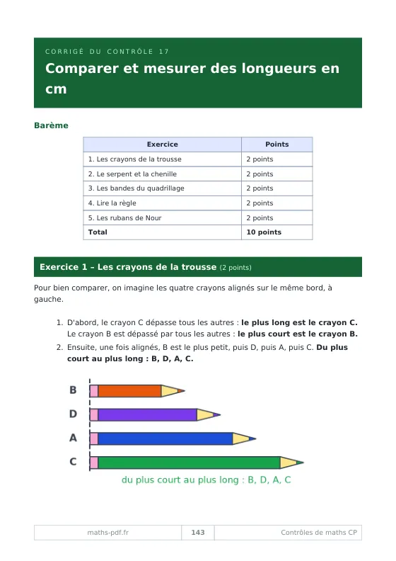 Corrigé du contrôle de CP sur les longueurs en cm : tableau du barème sur 10 et solution rédigée