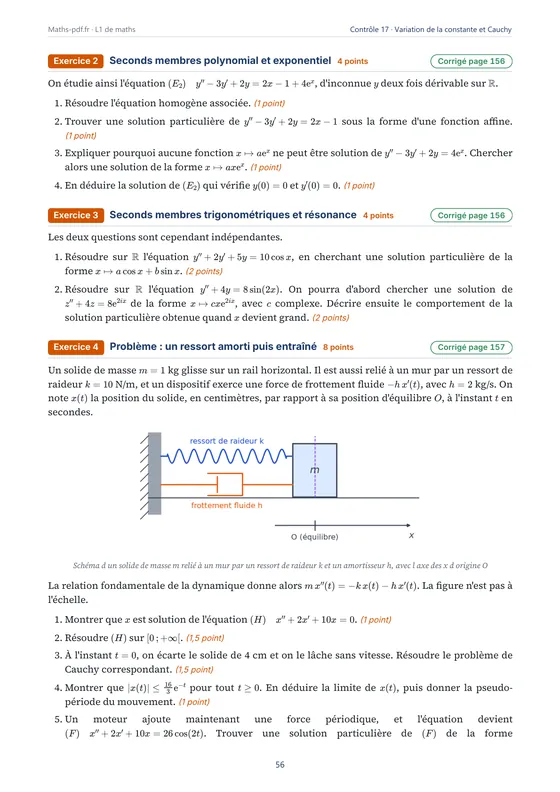 Page du contrôle « Variation de la constante et Cauchy » avec une figure — Livre de contrôles corrigés de maths L1