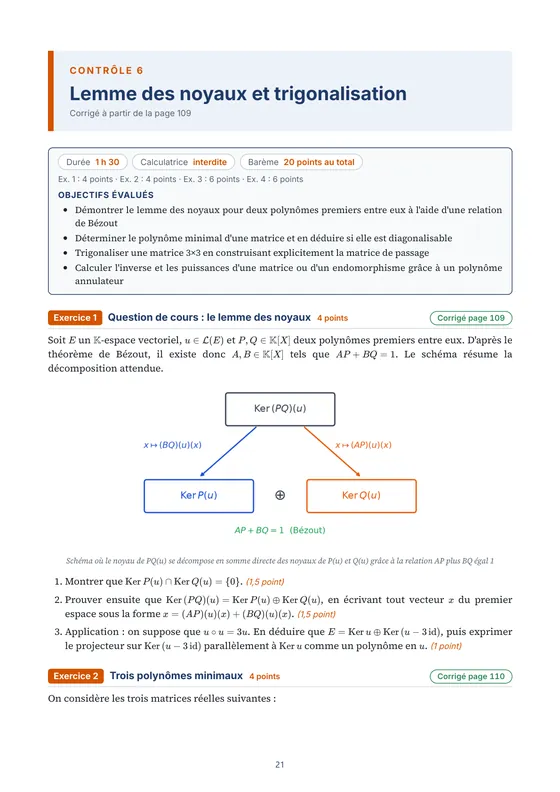 Première page du contrôle « Lemme des noyaux et trigonalisation » : durée, barème et objectifs évalués — Livre de contrôles corrigés de maths L2