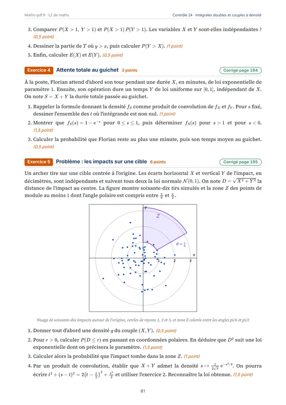 Page du contrôle « Intégrales doubles et couples à densité » avec une figure — Livre de contrôles corrigés de maths L2