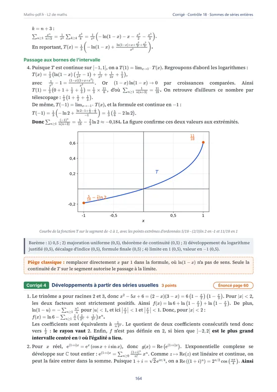 Corrigé du contrôle « Sommes de séries entières » avec son barème — Livre de contrôles corrigés de maths L2