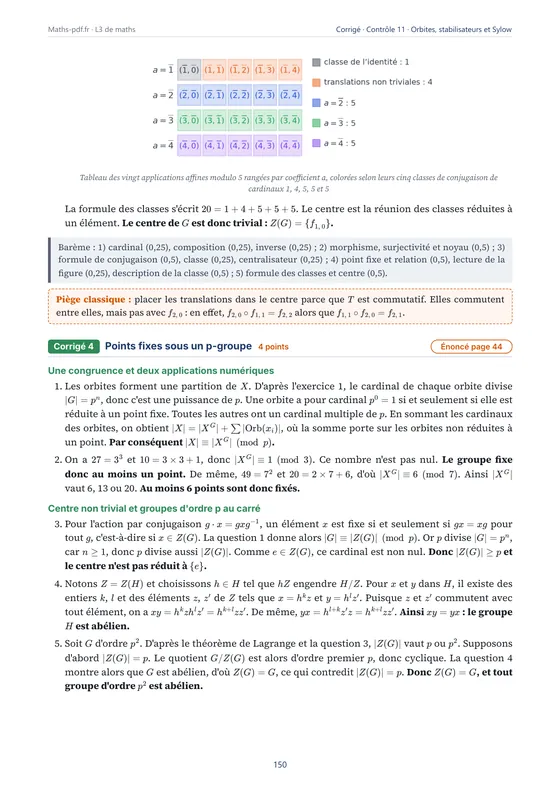 Corrigé du contrôle « Orbites, stabilisateurs et Sylow » avec son barème — Livre de contrôles corrigés de maths L3