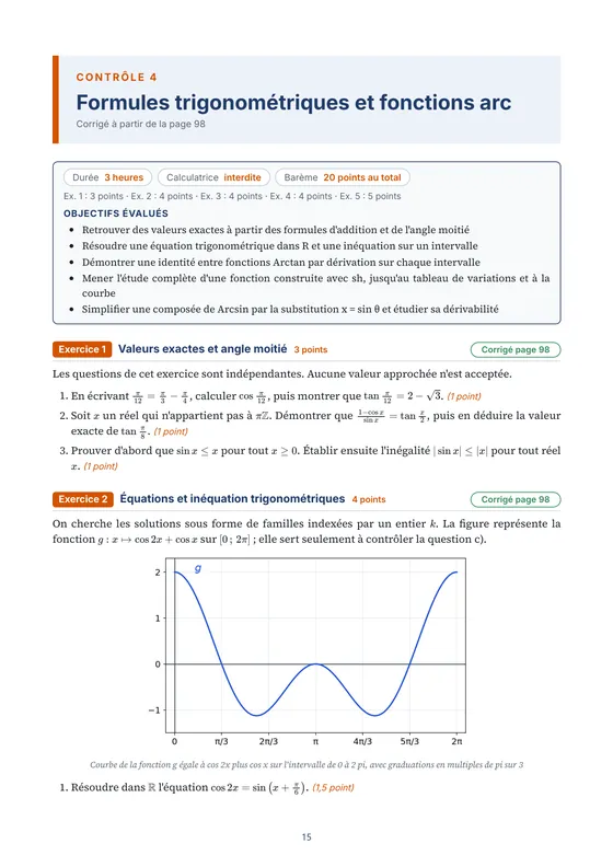 Première page du contrôle « Formules trigonométriques et fonctions arc » : durée, barème et objectifs évalués — Livre de contrôles corrigés de maths sup (MPSI)