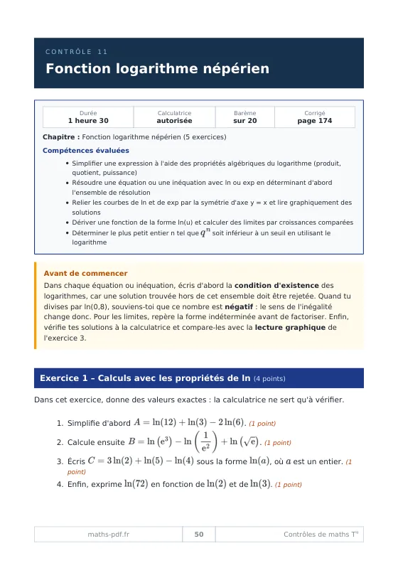Première page du contrôle de Terminale sur la fonction logarithme népérien : durée, calculatrice, barème et compétences évaluées