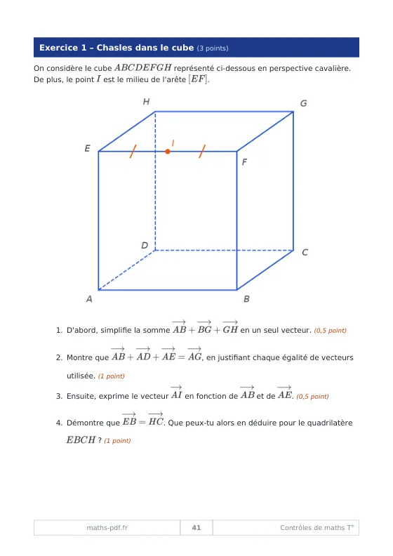 Page d'un contrôle de Terminale sur les vecteurs de l'espace avec un cube en perspective cavalière
