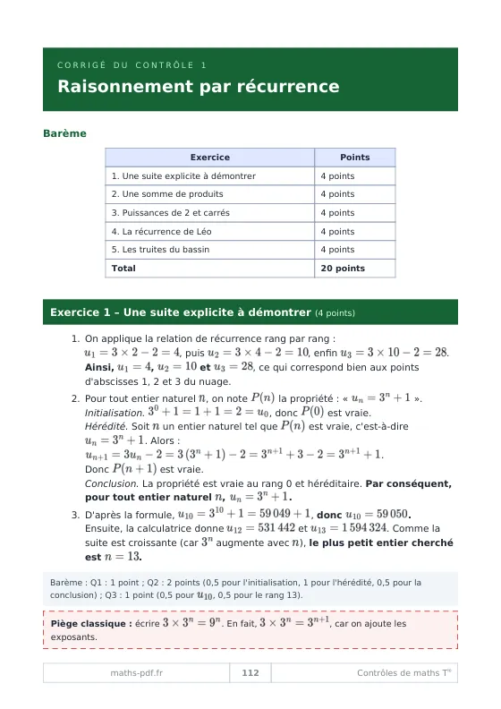 Corrigé du contrôle de Terminale sur le raisonnement par récurrence avec tableau de barème et solution rédigée