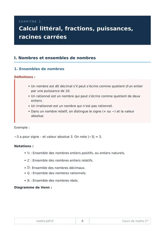 Le premier chapitre du manuel de cours de maths 2de