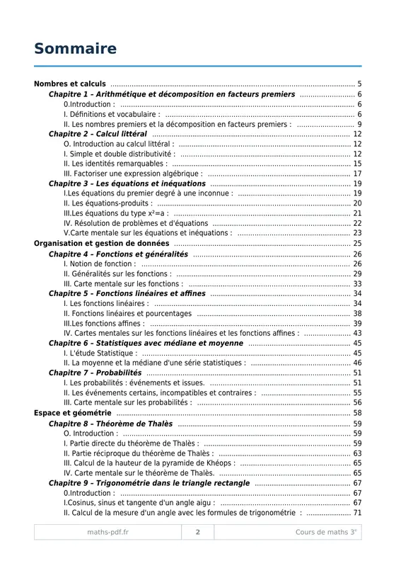 Le sommaire du manuel de cours de maths 3e