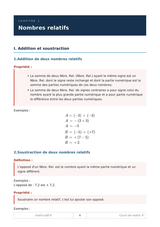 Le premier chapitre du manuel de cours de maths 4e