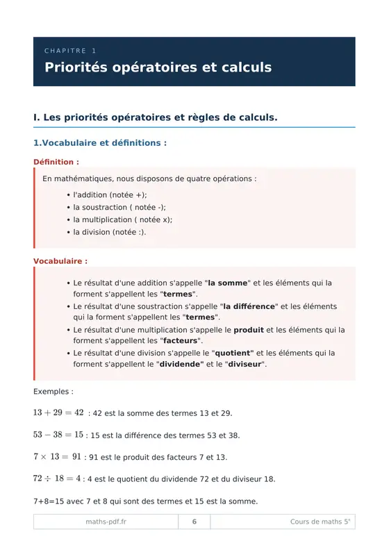 Le premier chapitre du manuel de cours de maths 5e