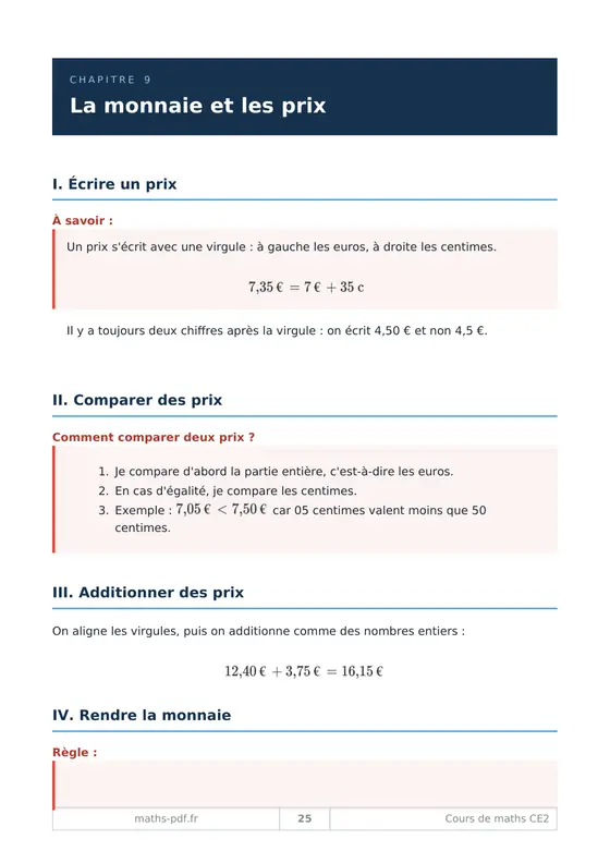 Une leçon du milieu du livre du manuel de cours de maths CE2