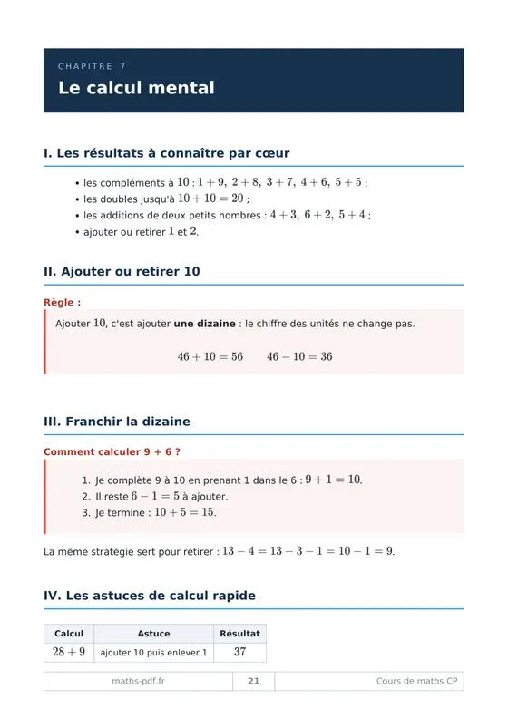 Une leçon du milieu du livre du manuel de cours de maths CP